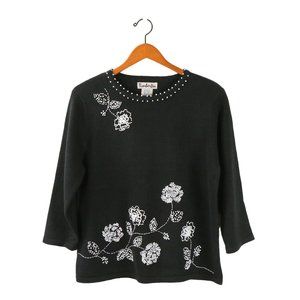 New Timberlea Ramie Cotton Knit Beaded Floral Black 3/4 Sleeve Sweater L